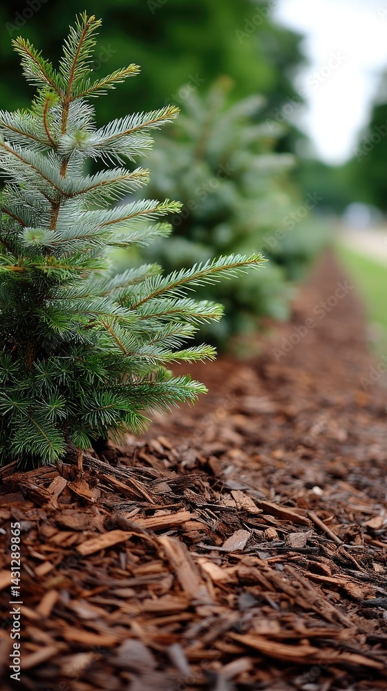 Vibrant coniferous trees lined in a garden, enhanced with mulch and a grassy background, creating an appealing backyard landscape