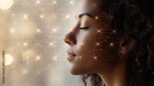 Young woman with Glowing sacred geometric sphere featuring  Flower of Life pattern