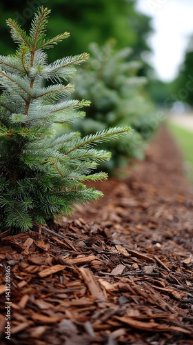 Vibrant coniferous trees lined in a garden, enhanced with mulch and a grassy background, creating an appealing backyard landscape