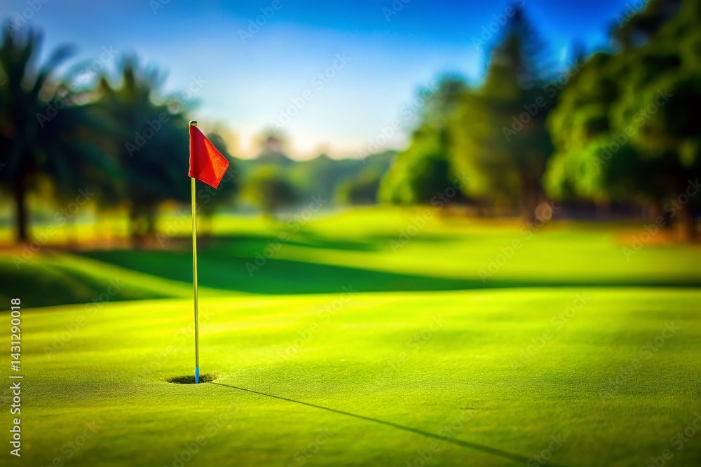 Obraz premium Strategic Success: Single Red Golf Flag on Pristine Green - Minimalist Tilt-Shift Image