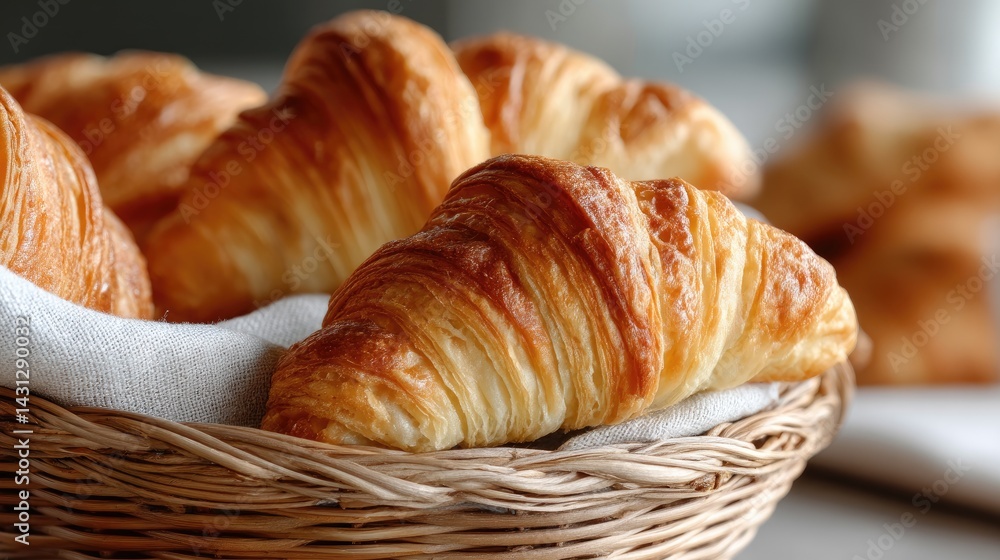 A basket holds a stack of warm chocolate croissants, highlighting their flaky texture and inviting color, perfect for breakfast