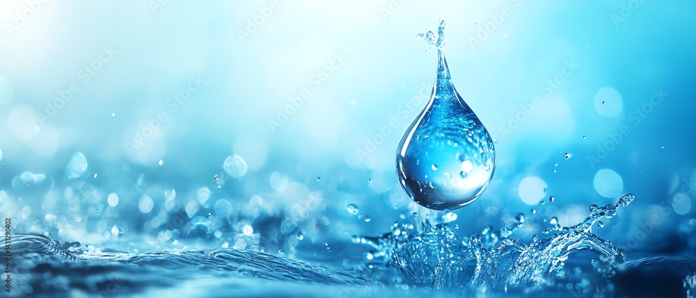 Hightech digital water drop, water supply rectification and resource management, futuristic technology theme, clean background with space for copy