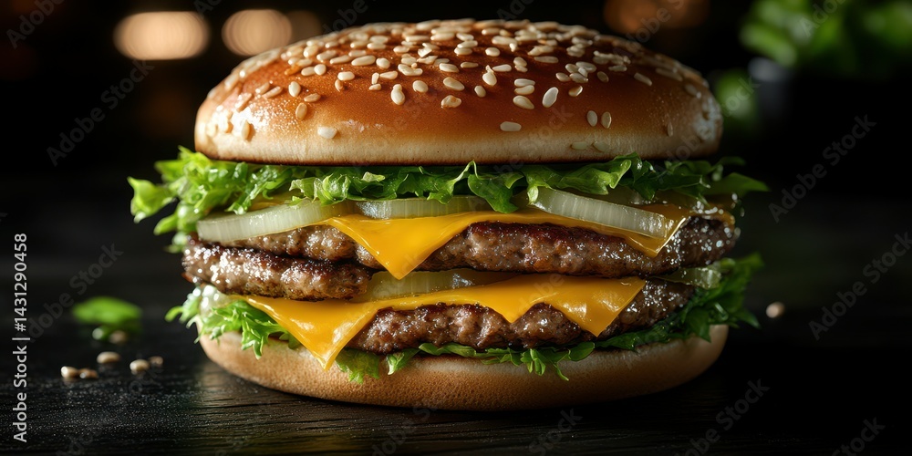 Juicy double cheeseburger stacked with fresh lettuce, onions, and cheddar on a sesame seed bun Juicy double cheeseburger stacked with fresh lettuce, onions, and cheddar on a sesame seed bun