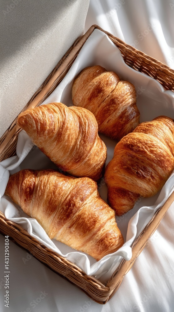 Golden-brown chocolate croissants sit elegantly in a basket, highlighting their delicate texture and creamy filling in soft natural light