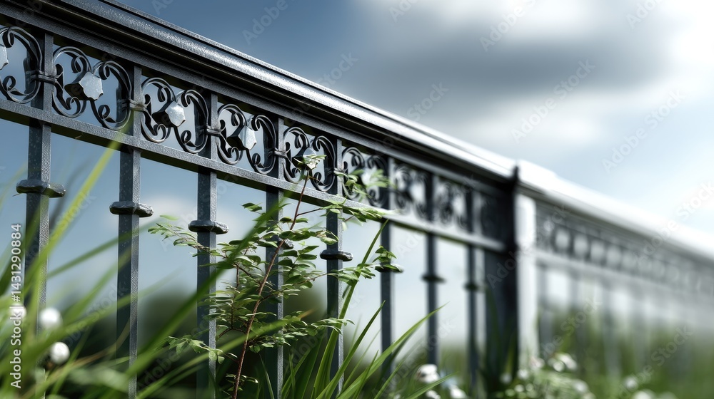 Decorative black metal fence contrasts beautifully with green grass and a blue sky, creating an appealing outdoor landscape