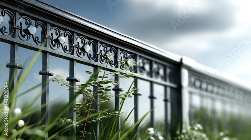 Obraz na płótnie Decorative black metal fence contrasts beautifully with green grass and a blue sky, creating an appealing outdoor landscape w salonie