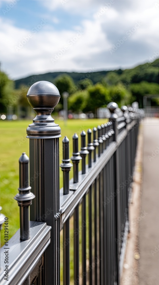 Black metal fence with ornate details lines a green lawn at an industrial park, captured in a side view during springtime