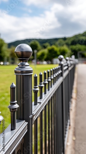 Obraz na płótnie Black metal fence with ornate details lines a green lawn at an industrial park, captured in a side view during springtime w salonie
