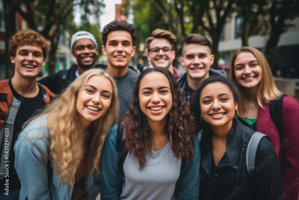 Portrait of a smiling diverse group of students infornt of university in usa Portrait of a smiling diverse group of students infornt of university in usa