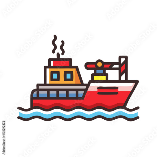 Cartoon Vector Ship with Waves, Marine Transport Icon on Black
