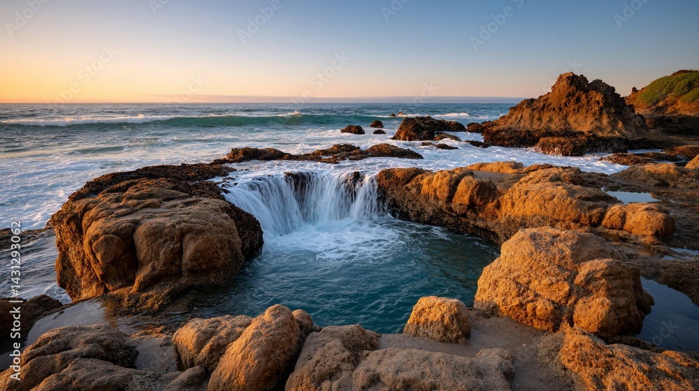 Obraz premium Coastal Waterfall Pool at Sunset