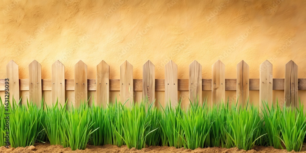 Fototapeta premium Soft green grass border surrounded by a rustic wooden fence, set against a warm sandy beige background , fence