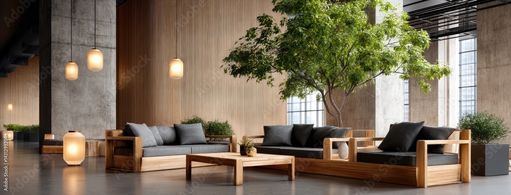 A stylish terrace during nighttime offers a tranquil space for relaxation or socializing, highlighted by warm lighting and greenery