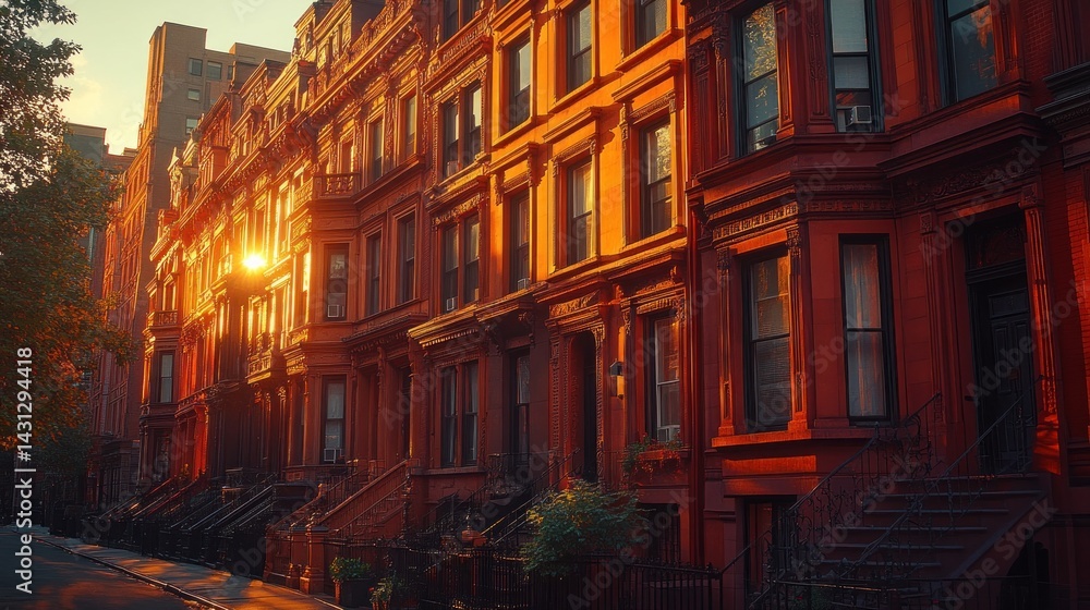 Fototapeta premium Sunset illuminates a row of classic brick townhouses.