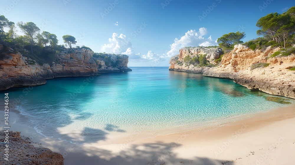 Fototapeta premium Pristine beach cove with crystal clear turquoise water, cliffs, and blue sky