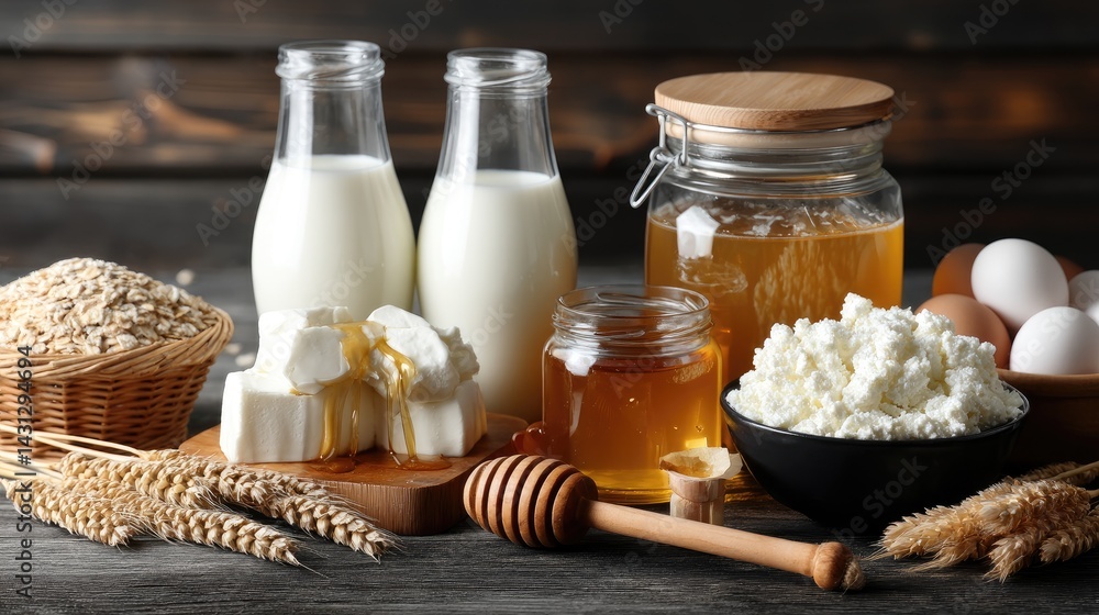 Fresh milk, eggs, and cottage cheese sit on a rustic table with honey and wheat, showcasing natural cooking ingredients