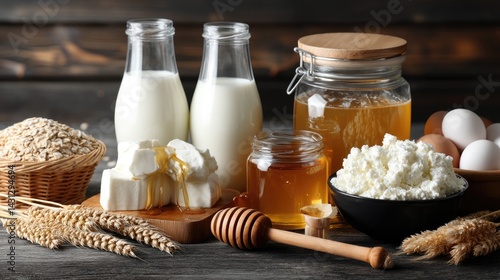 Obraz na płótnie Fresh milk, eggs, and cottage cheese sit on a rustic table with honey and wheat, showcasing natural cooking ingredients w salonie