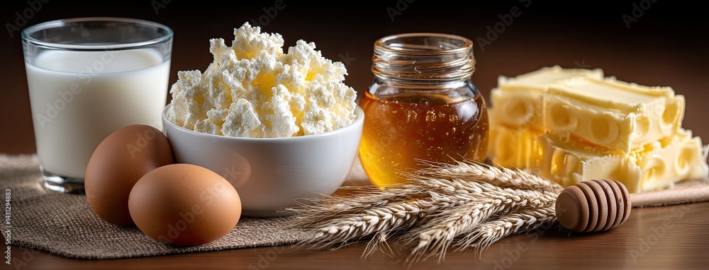 Fresh milk, eggs, and cottage cheese sit on a rustic table with honey and wheat, showcasing natural cooking ingredients