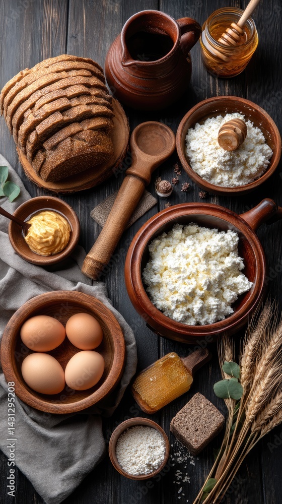 Cottage cheese, eggs, and milk are beautifully arranged on a rustic table with honey and wheat ears, perfect for a festive gathering