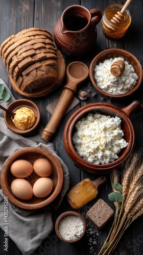 Obraz na płótnie Cottage cheese, eggs, and milk are beautifully arranged on a rustic table with honey and wheat ears, perfect for a festive gathering w salonie