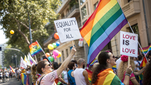 Pride parade with equality and love messages rainbow flags and happy people