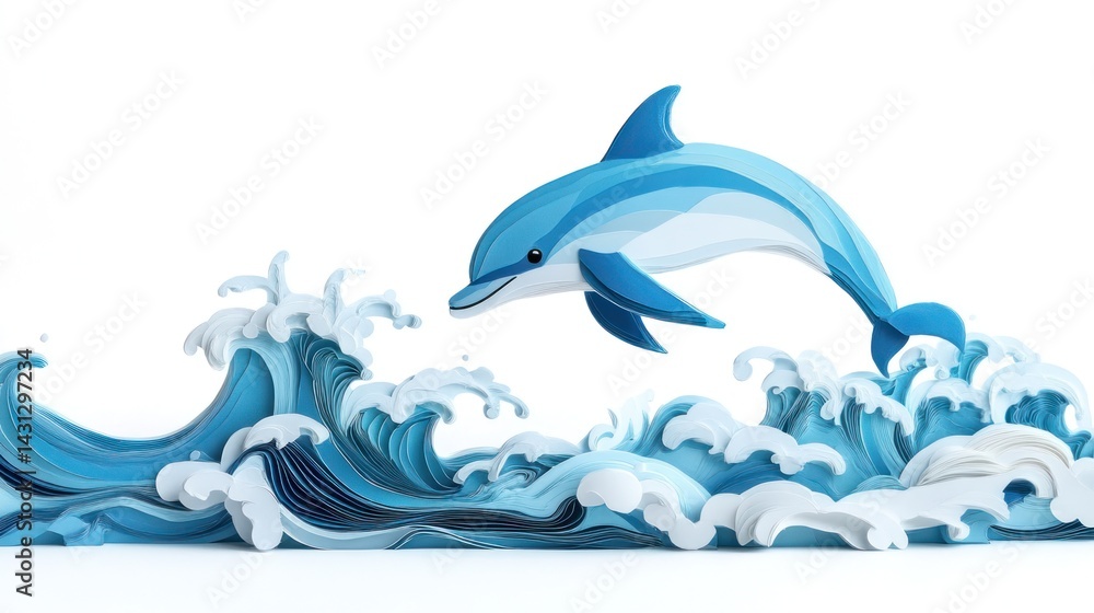 Fototapeta premium A playful dolphin leaps over stylized ocean waves.