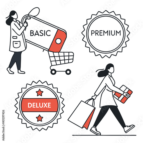 Shopping Subscription Tiers Cartoon Illustration Featuring Customers And Service Badges Icons