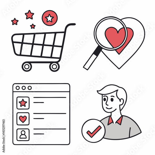 Customer Loyalty Program Elements With Shopping Cart Heart Icon Man And Stars