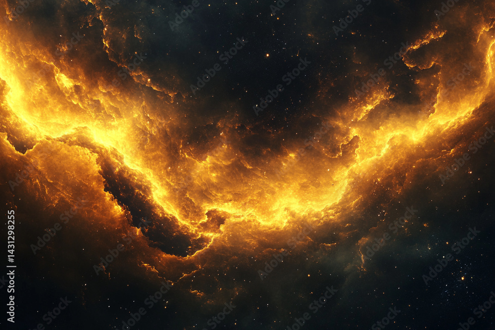Fototapeta premium Fiery nebula cosmic clouds glowing gold in dark space
