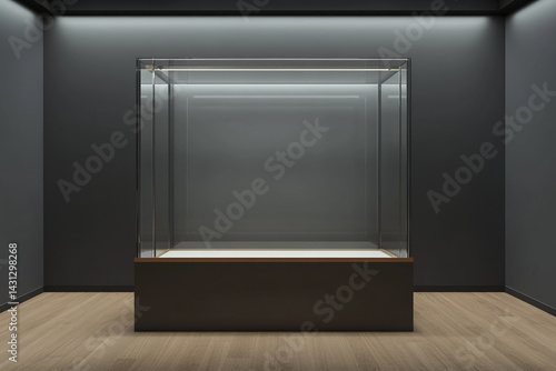 Empty glass display case in a dark room minimalist design museum exhibit showcase