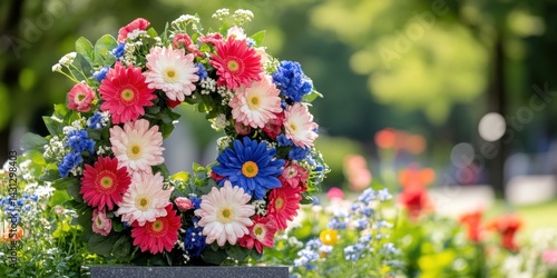 A respectful wreath of red white and blue flowers adorns a commemorative plaque honoring fallen heroes