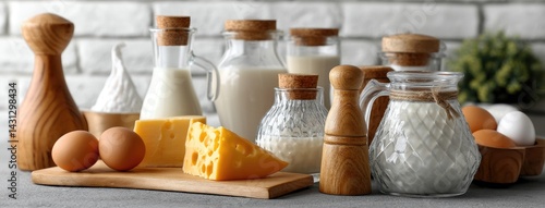 Obraz na płótnie Various dairy products are artistically arranged on a gray table with a white brick wall, showcasing eggs and butter nearby w salonie