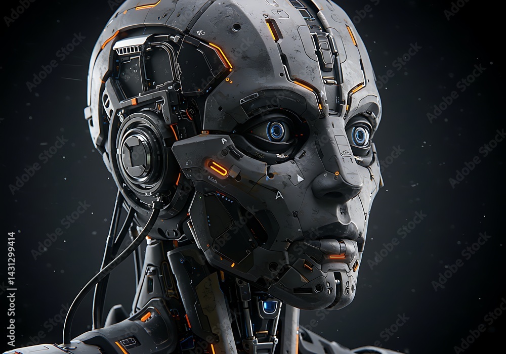 Futuristic Cyborg Face Close-Up: An artificial being, a robotic head with intricate mechanical features, conveying a sense of advanced technology and futuristic innovation. The image has high detail. Futuristic Cyborg Face Close-Up: An artificial being, a robotic head with intricate mechanical features, conveying a sense of advanced technology and futuristic innovation. The image has high detail.