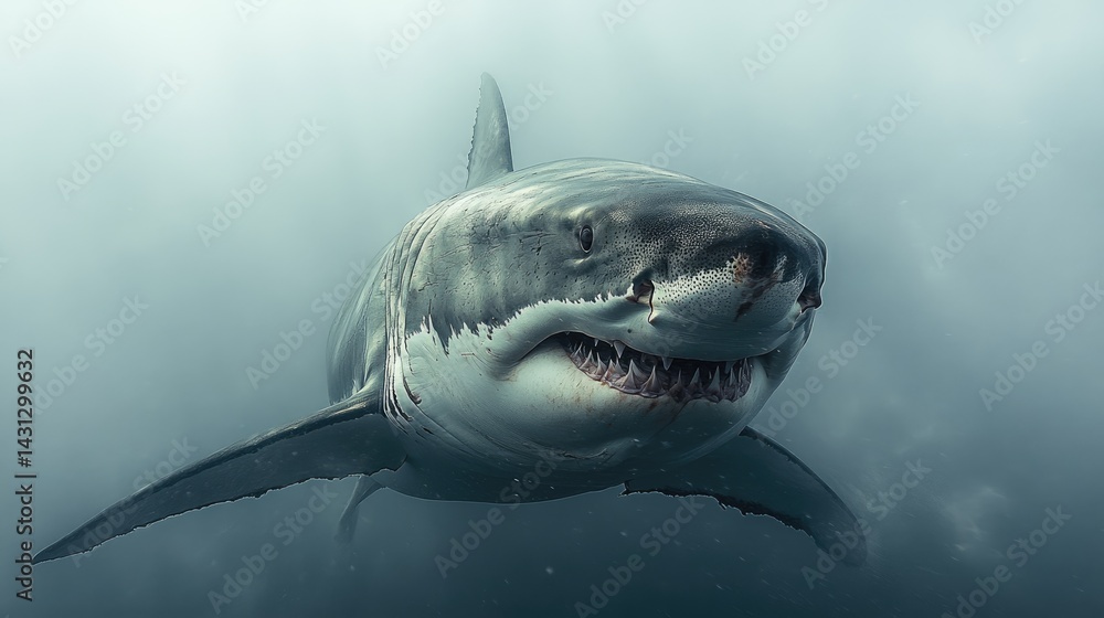 Fototapeta premium Great white shark swims underwater showing teeth in a marine environment.