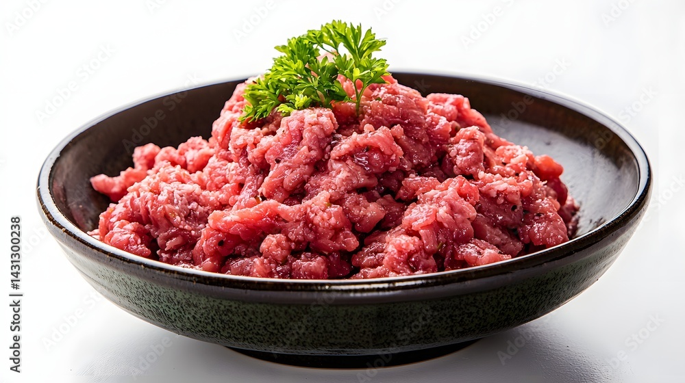 Fresh Raw Ground Beef in Black Bowl with Garnish on White Background Fresh Raw Ground Beef in Black Bowl with Garnish on White Background