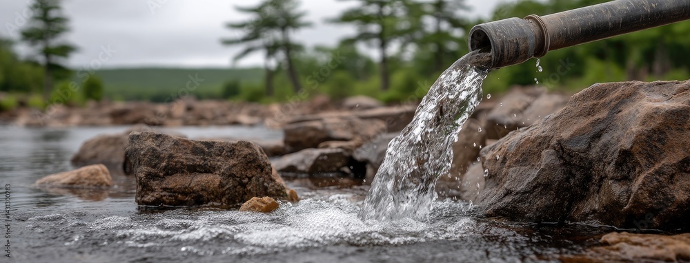 Clear water streams from a pipe into a river, serving as a vital resource for crops and agriculture under bright daylight