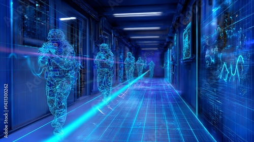 Obraz na płótnie Innovation in army forces with holographic communication and AI technology in a military corridor w salonie