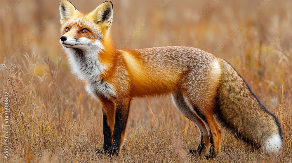 Fototapeta premium Red fox standing alert in golden meadow, looking upward with soft morning light and natural background 
