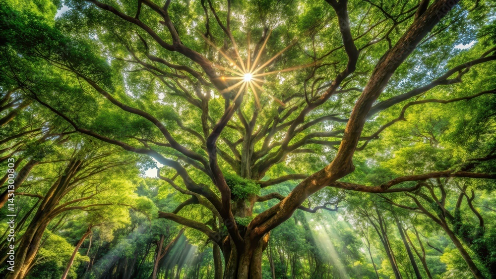 Obraz premium Dense forest canopy with rosewood tree, sunlight filtering through, creating dappled light on forest floor