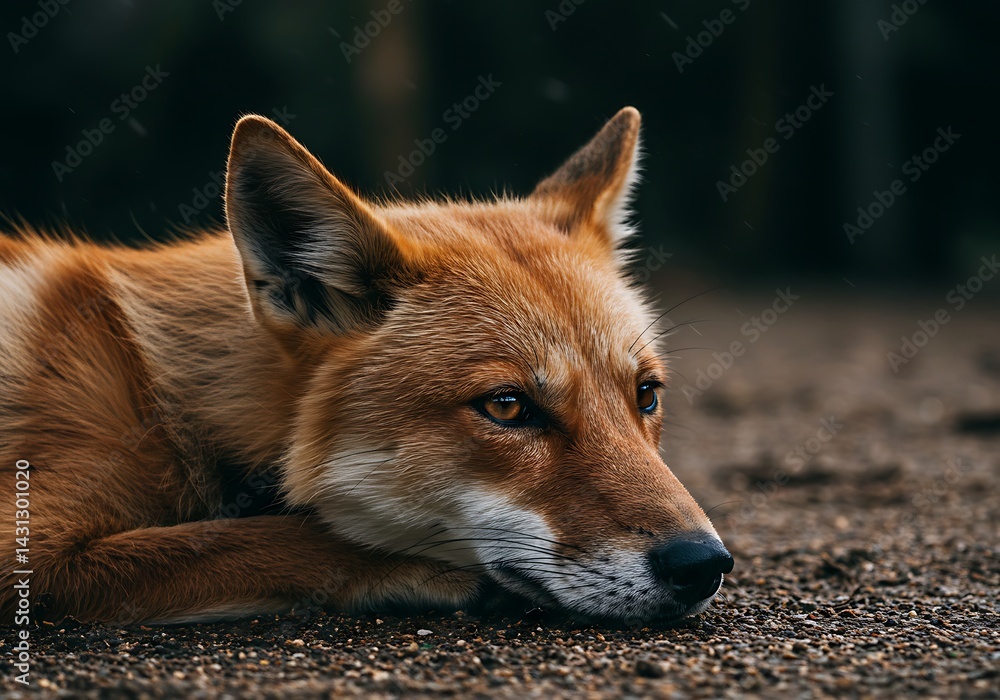 Fototapeta premium A close-up of a red fox lying down and looking intently at something in the distance. The fox's fur is a beautiful shade of orange and white, and its eyes are piercing blue