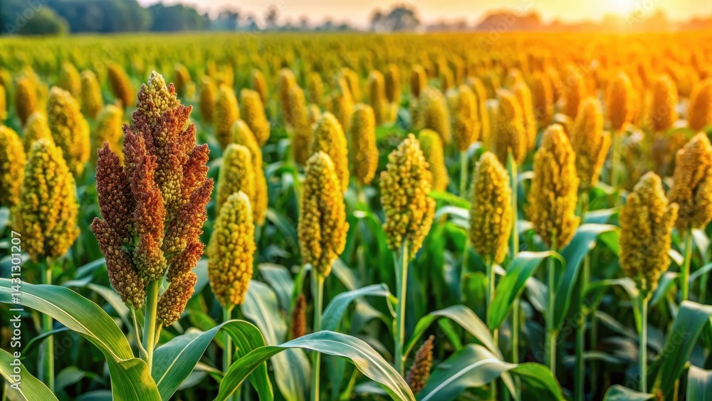 Obraz premium Aromatic grains swaying gently in the breeze amidst a lush green landscape of millet and sorghum plants growing side by side, plant life, nature