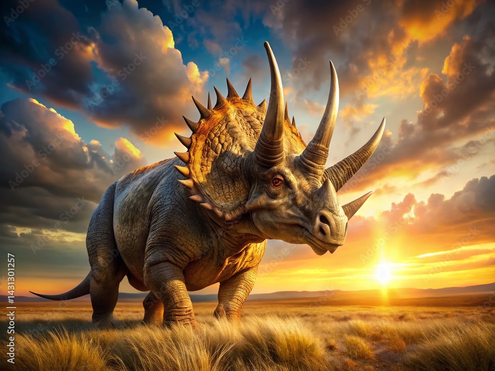 Fototapeta premium Triceratops Savannah Sunset: Golden Hour Prehistoric Portrait