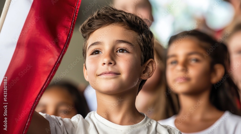 A young student lifts the national flag during a school event as classmates observe respectfully with pride