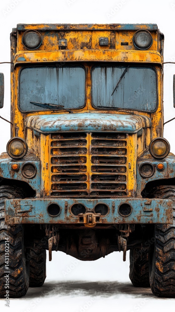 Front view of an old yellow truck with visible wear and tear. Front view of an old yellow truck with visible wear and tear.
