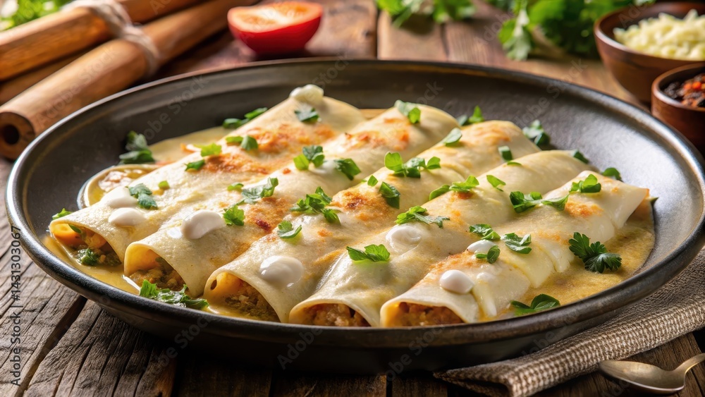 A steaming plate of enchiladas suizas in a rich creamy sauce with melted cheese and tender tortillas , enchilada dish A steaming plate of enchiladas suizas in a rich creamy sauce with melted cheese and tender tortillas , enchilada dish