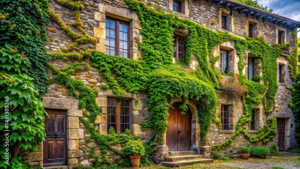 Fototapeta premium Rustic old stone building with ivy and moss covering its walls