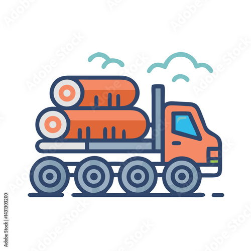 Lumber Truck Icon: Orange Truck Carrying Logs, Forestry Industry Illustration