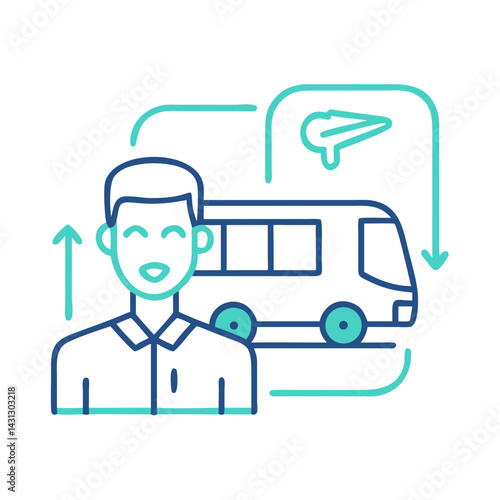 Bus driver icon with route map and arrow direction, public transportation