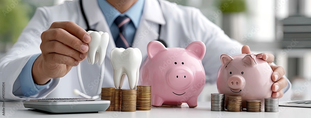 Dentist displays piggy bank and tooth while promoting financial health tips in a bright office setting, emphasizing patient education