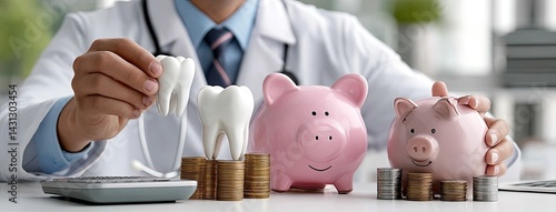Obraz na płótnie Dentist displays piggy bank and tooth while promoting financial health tips in a bright office setting, emphasizing patient education w salonie